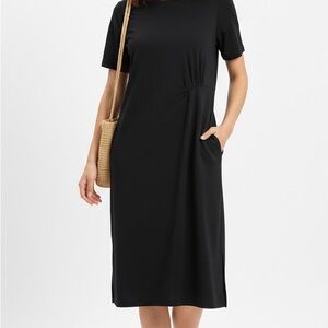 Soft Surroundings Black Midi T-Shirt Dress Short Sleeve Arced Seam (Size S)
